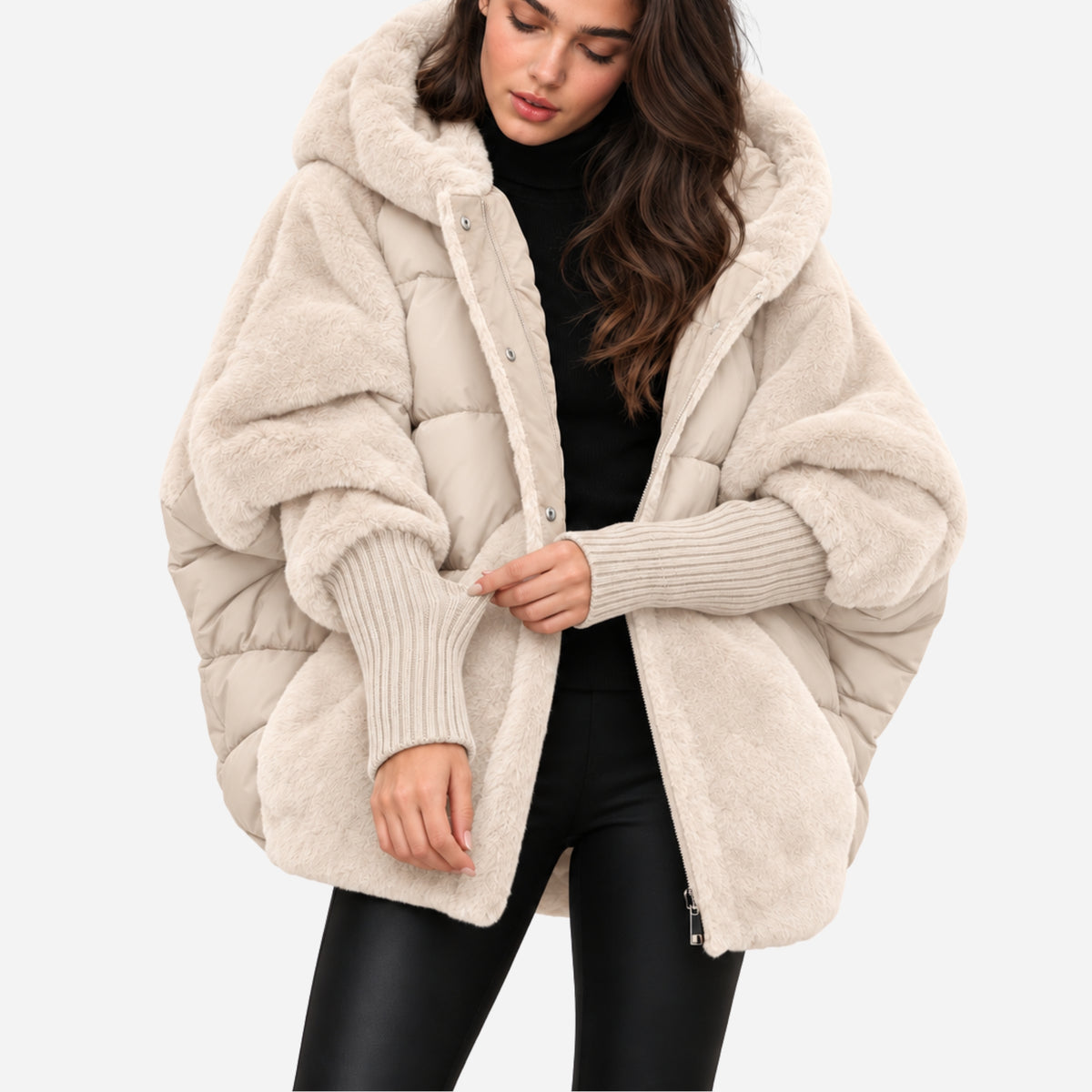 Women’s Plush-Panel Batwing Hooded Puffer Jacket-Fowsa