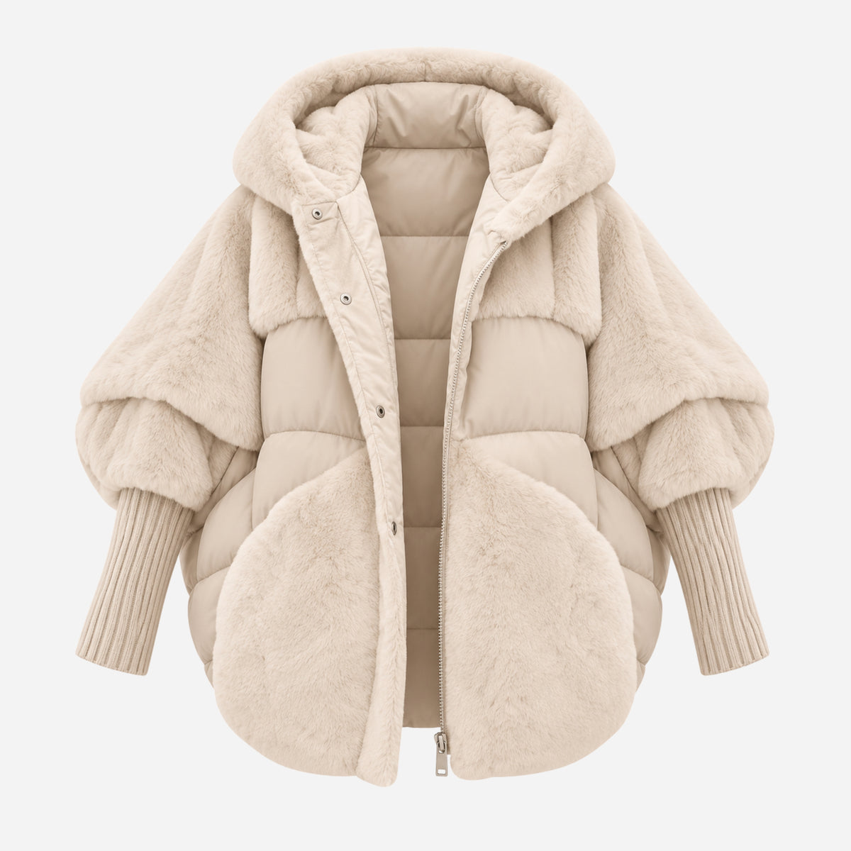 Women’s Plush-Panel Batwing Hooded Puffer Jacket-Fowsa
