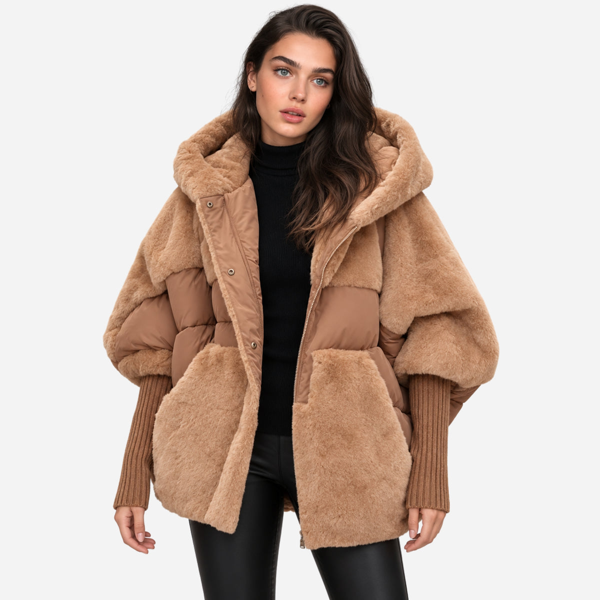 Women’s Plush-Panel Batwing Hooded Puffer Jacket-Fowsa