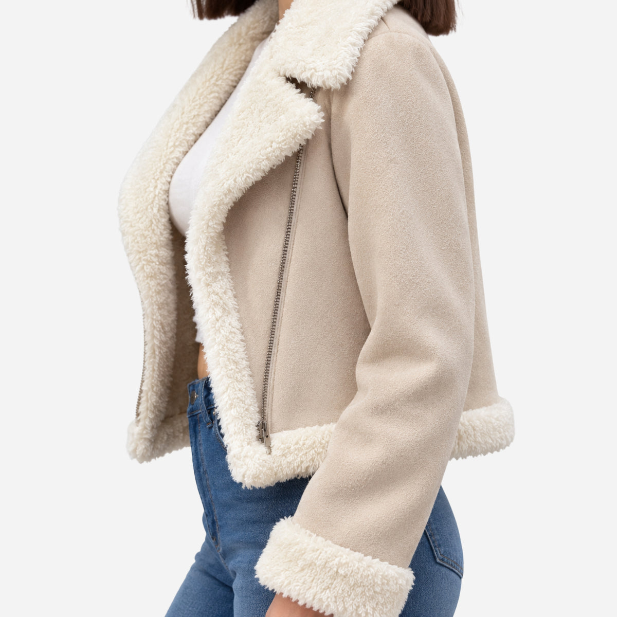 Women’s Plush-Trim Asymmetric-Zip Short Jacket-Fowsa