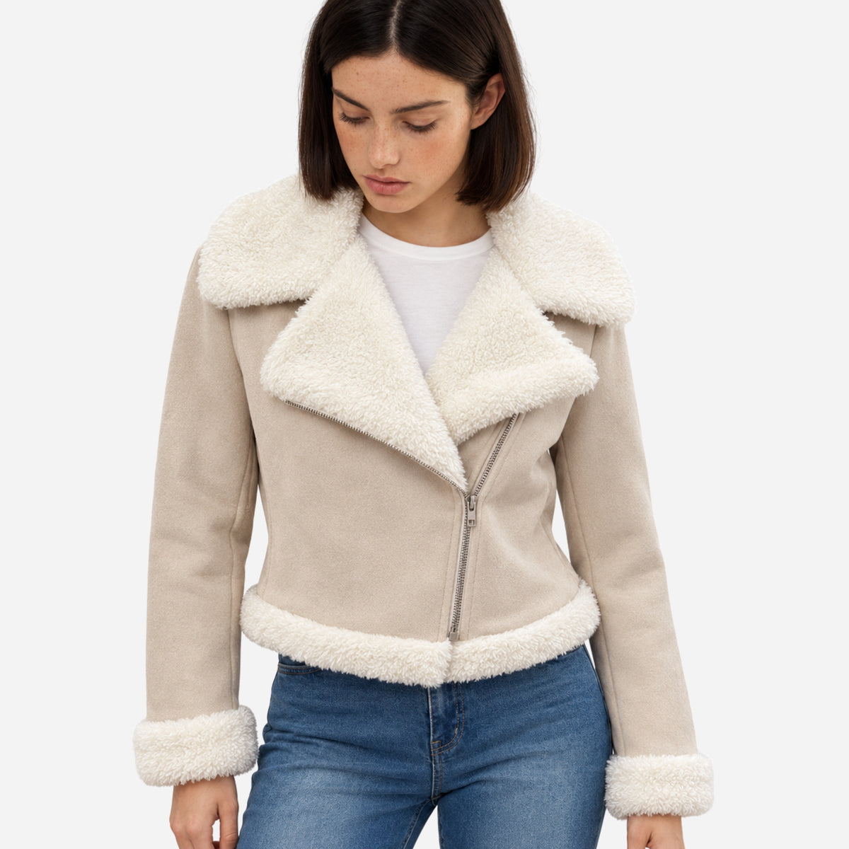 Women’s Plush-Trim Asymmetric-Zip Short Jacket-Fowsa