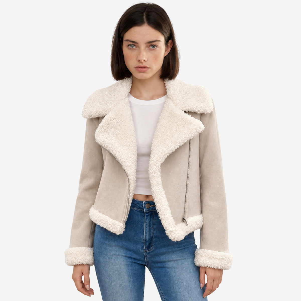 Women’s Plush-Trim Asymmetric-Zip Short Jacket-Fowsa