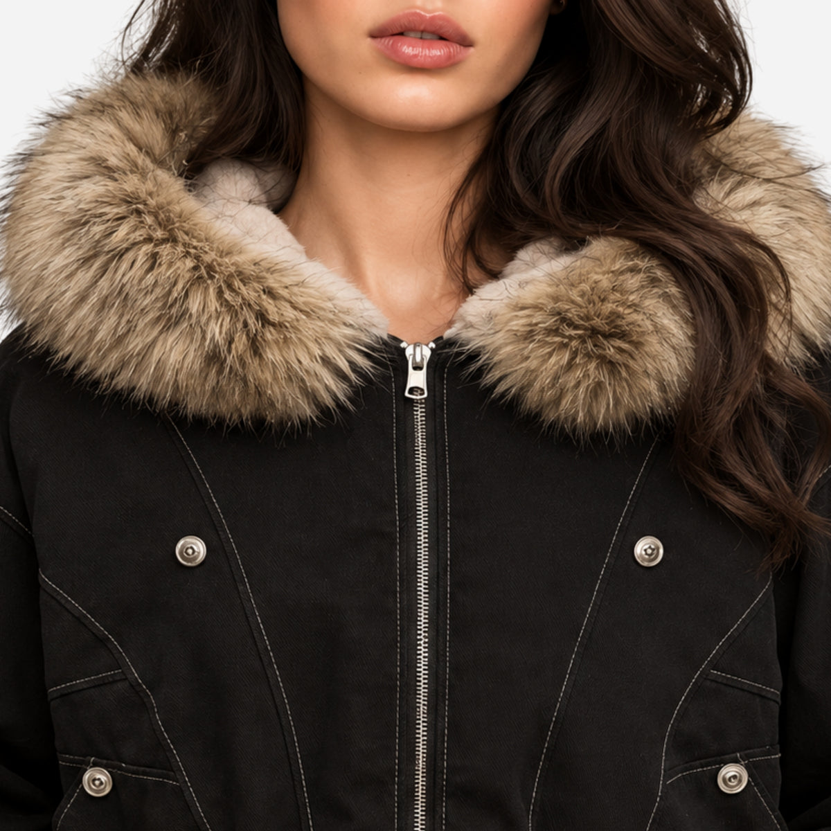 Women’s Plush-Trim Hooded Bomber Jacket-Fowsa