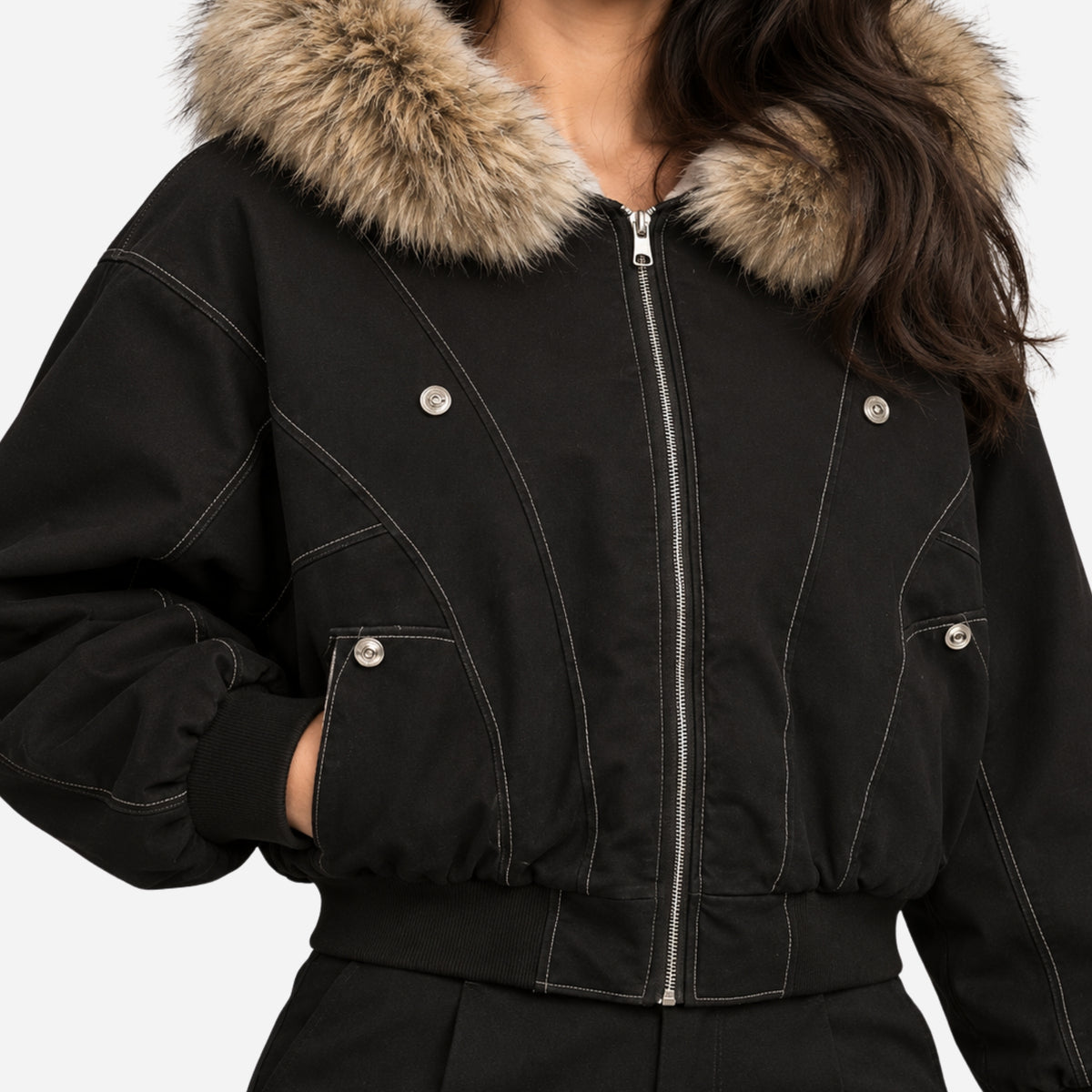 Women’s Plush-Trim Hooded Bomber Jacket-Fowsa