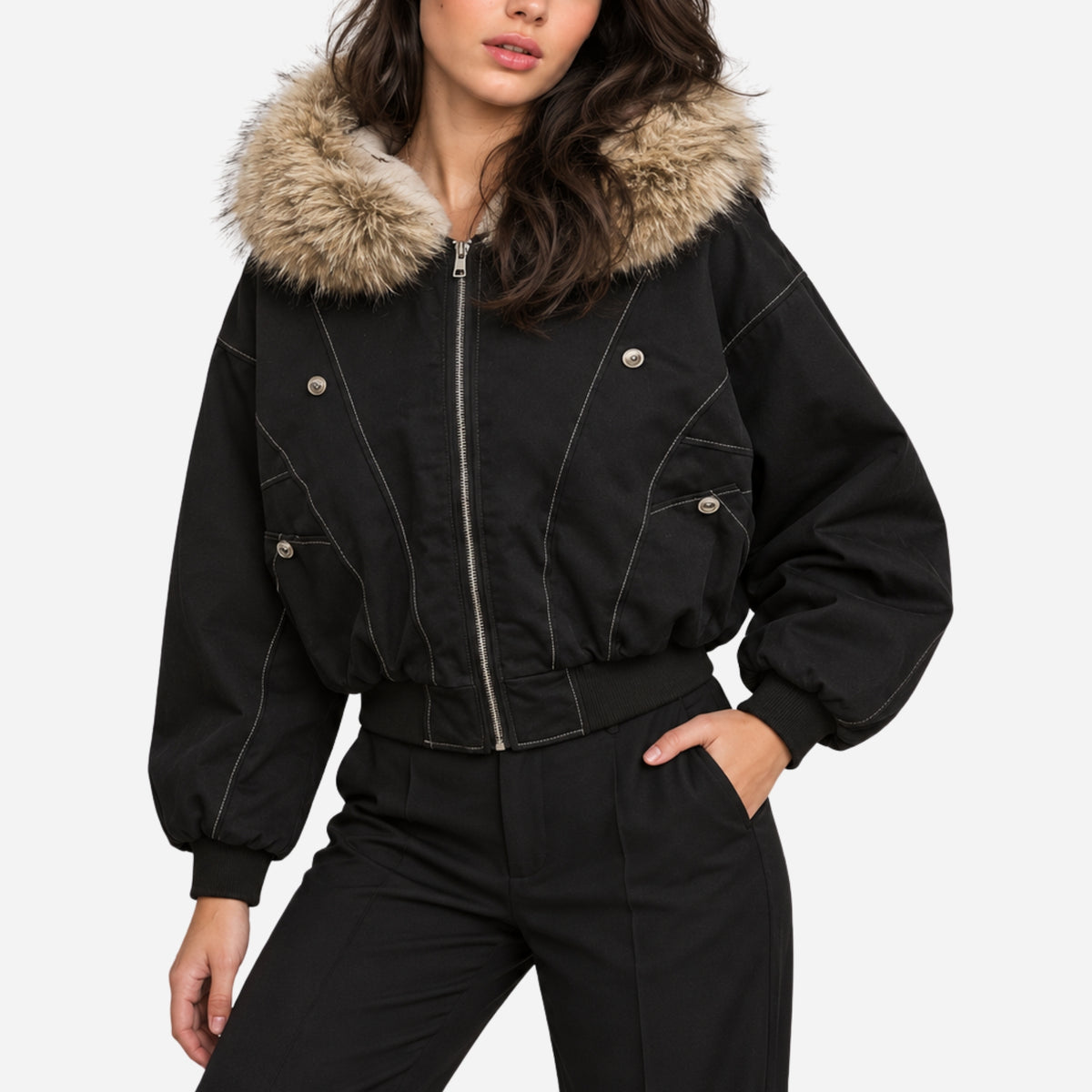 Women’s Plush-Trim Hooded Bomber Jacket-Fowsa