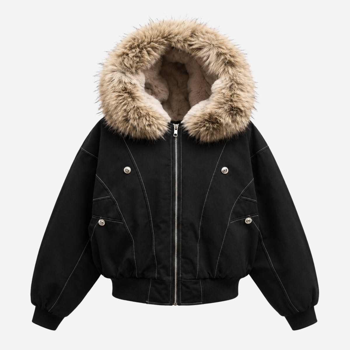 Women’s Plush-Trim Hooded Bomber Jacket-Fowsa