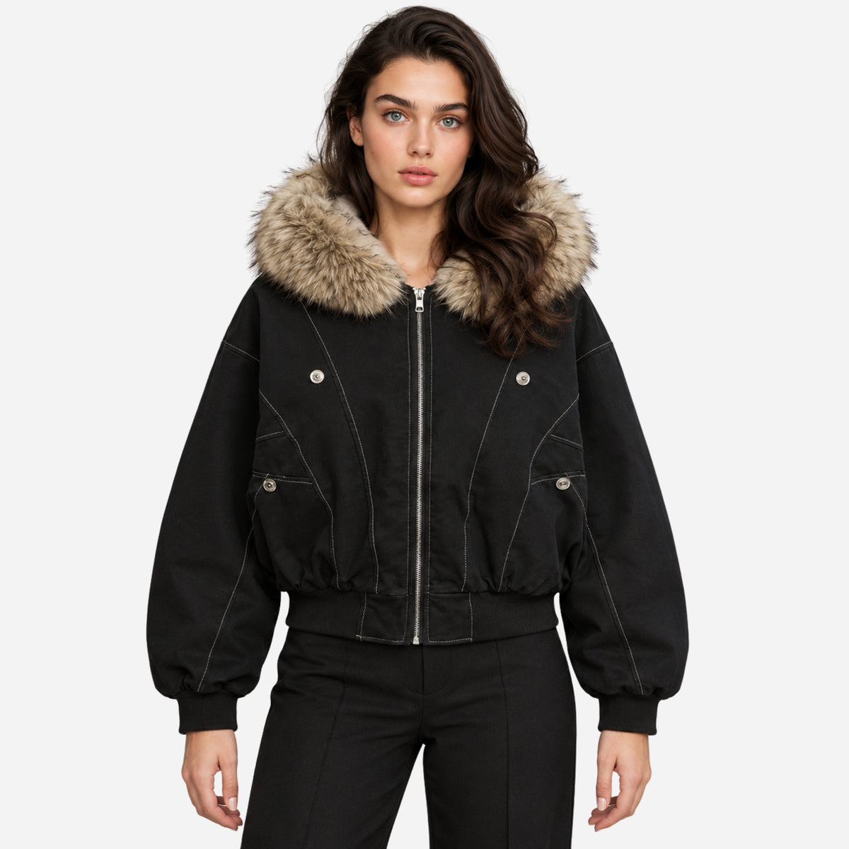 Women’s Plush-Trim Hooded Bomber Jacket-Fowsa