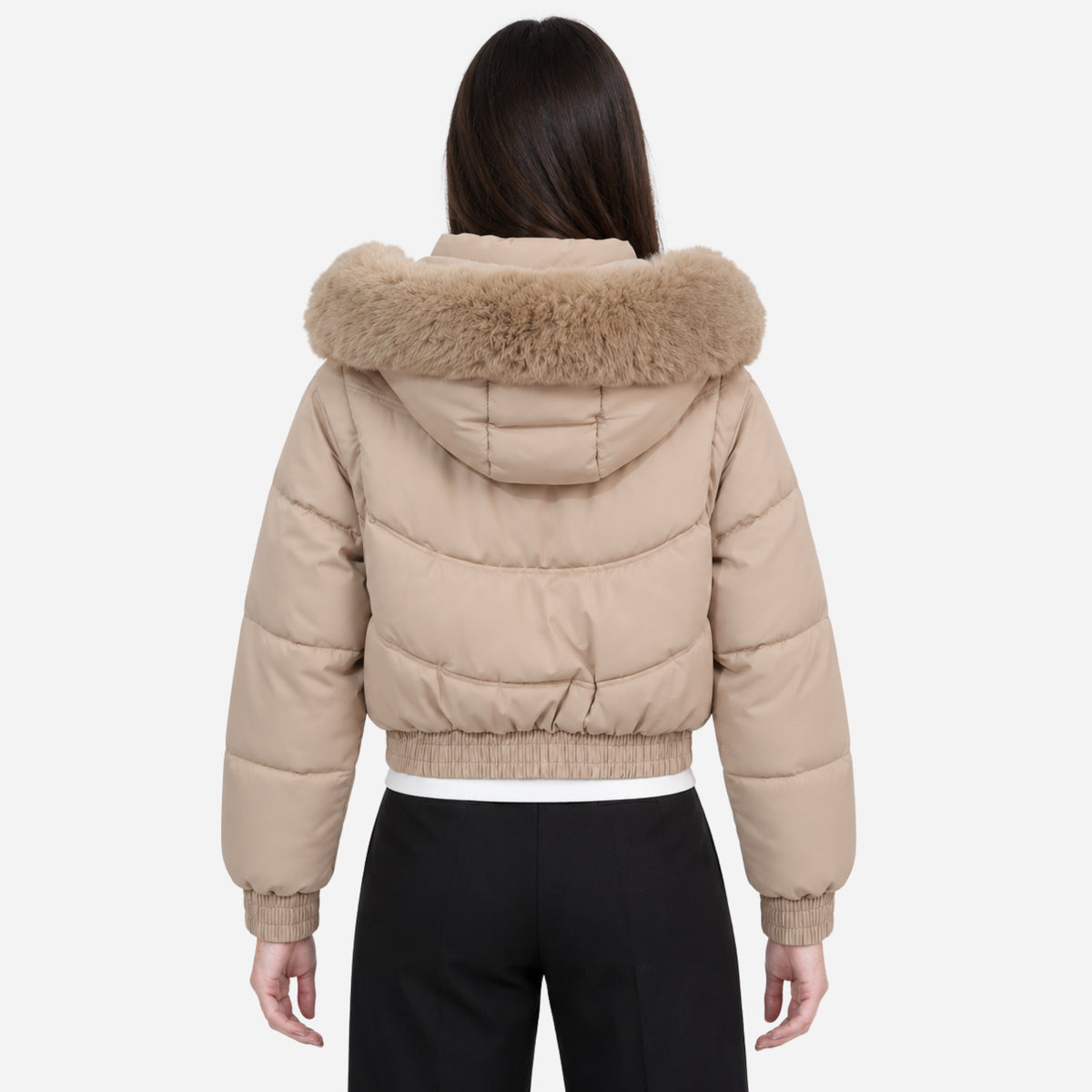 Women’s Plush-Trim Hooded Panelled Puffer Jacket-Fowsa