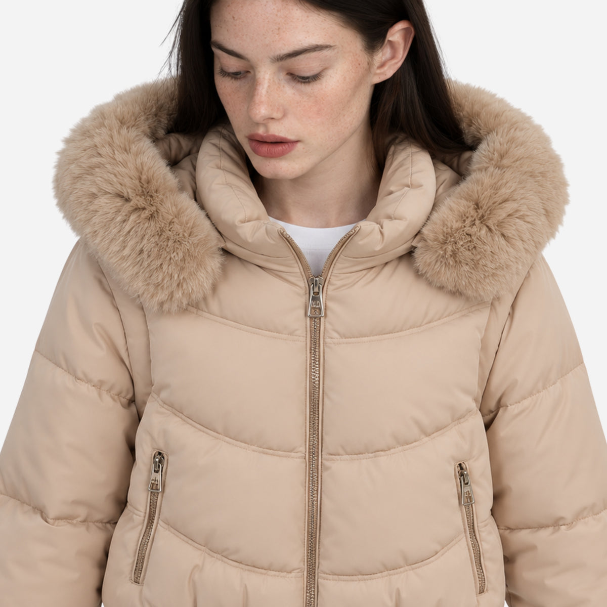 Women’s Plush-Trim Hooded Panelled Puffer Jacket-Fowsa