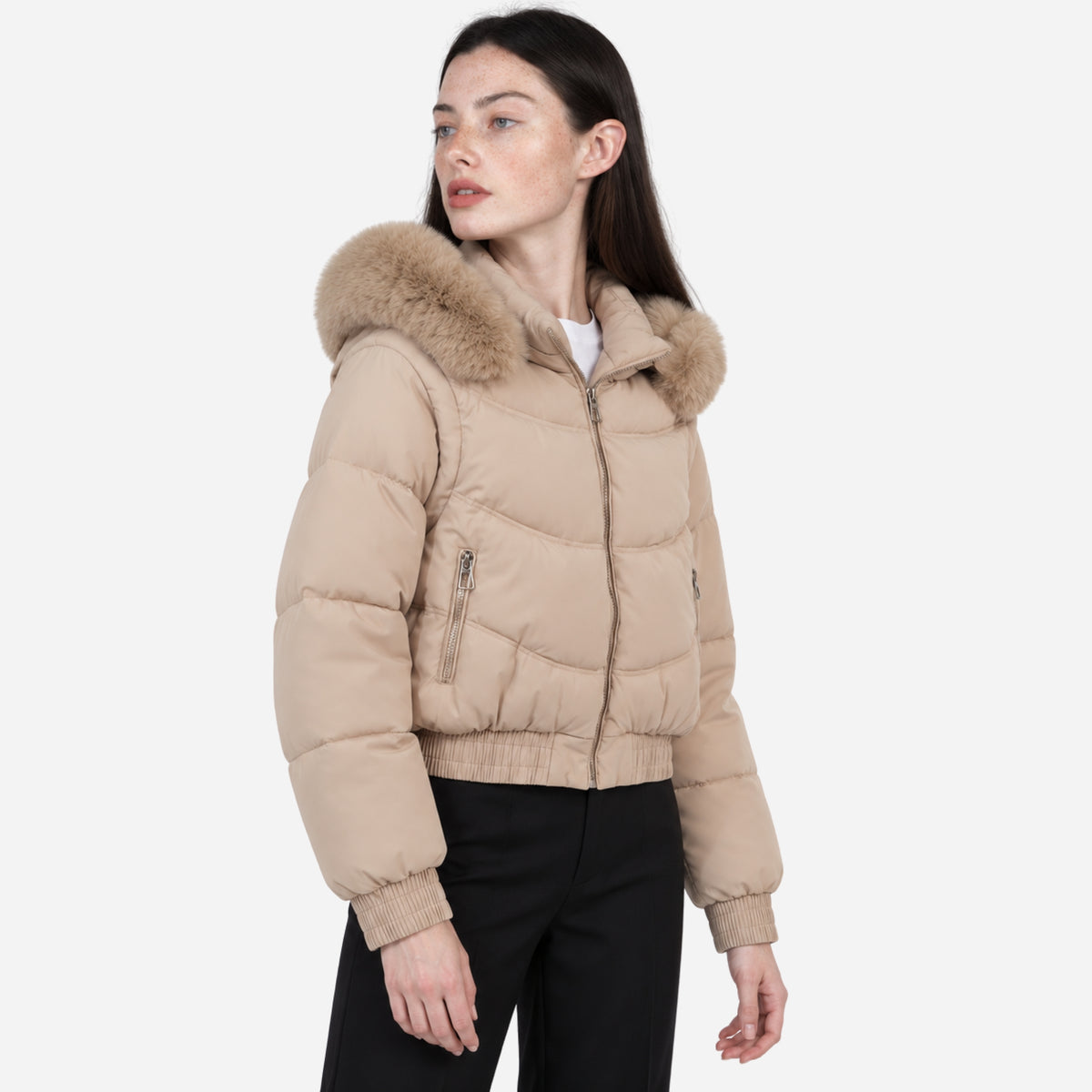Women’s Plush-Trim Hooded Panelled Puffer Jacket-Fowsa