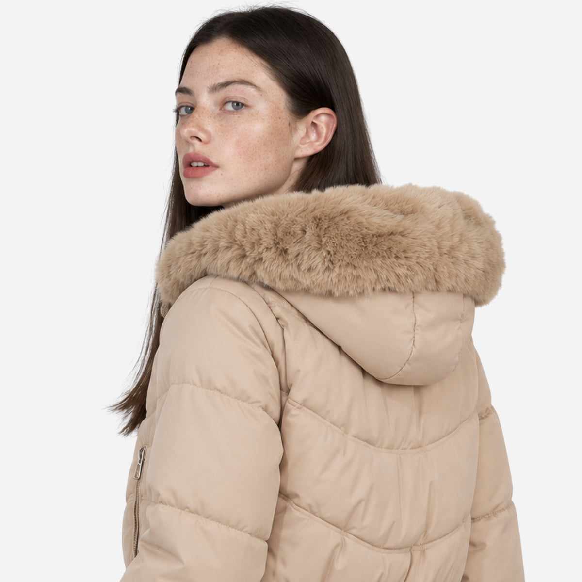 Women’s Plush-Trim Hooded Panelled Puffer Jacket-Fowsa