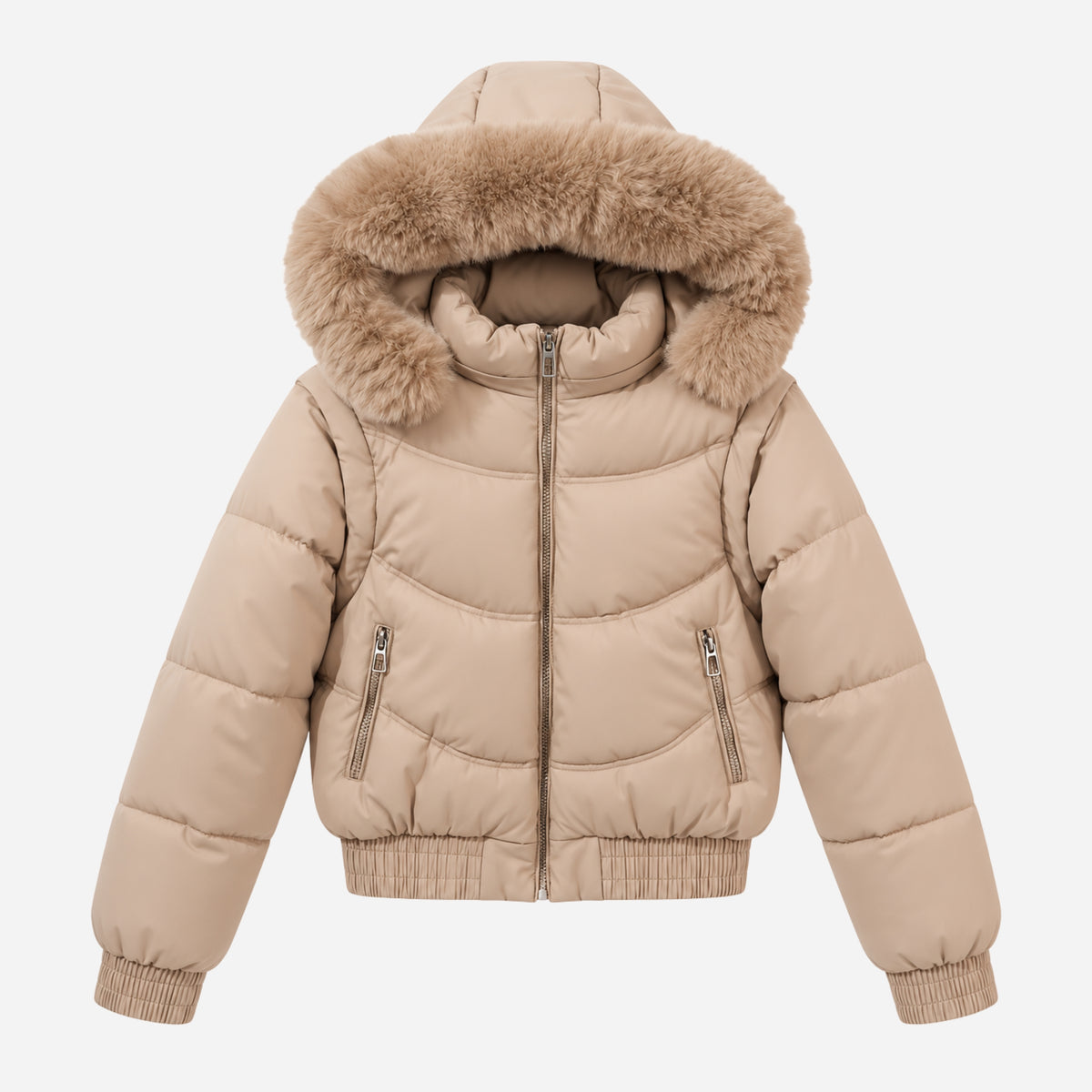 Women’s Plush-Trim Hooded Panelled Puffer Jacket-Fowsa