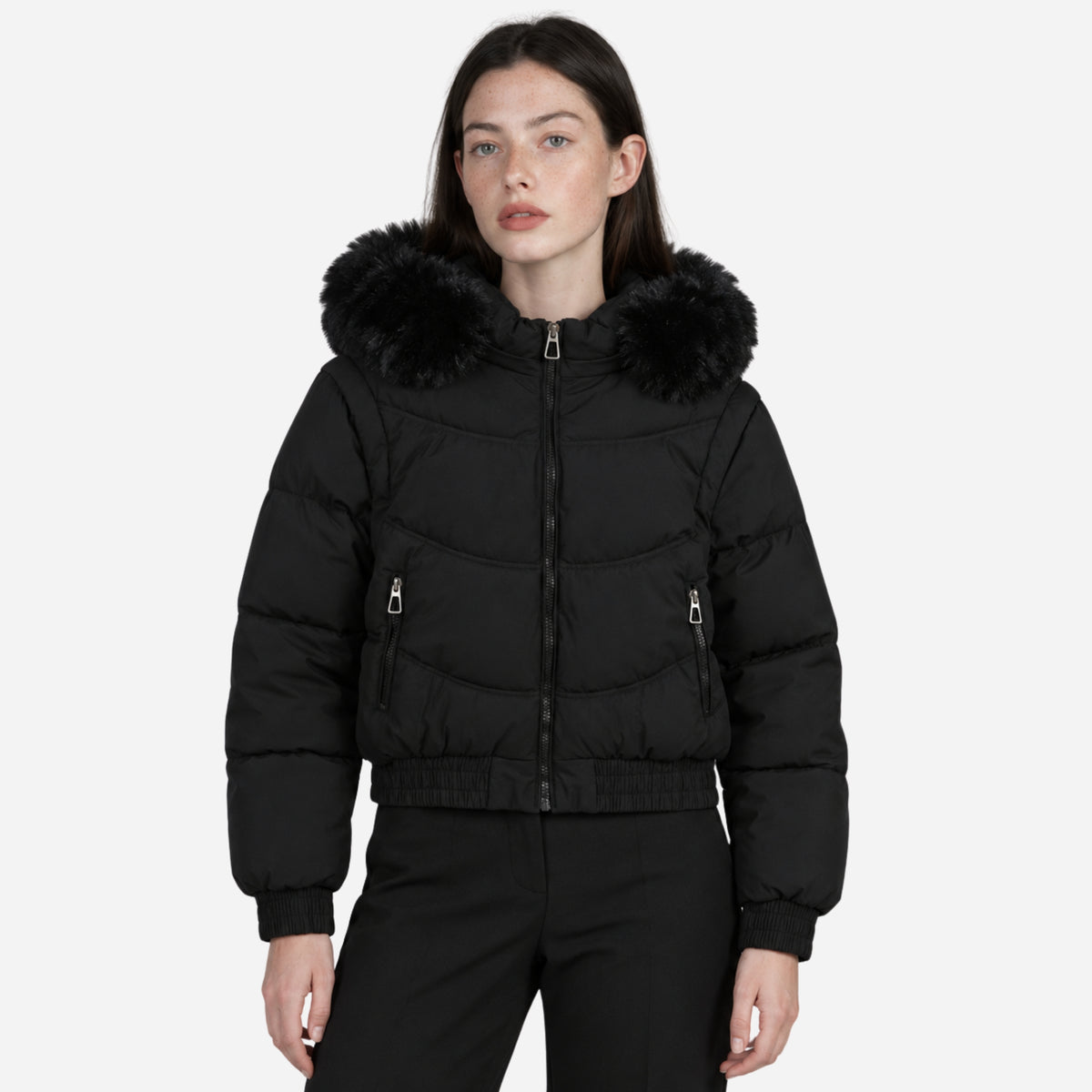 Women’s Plush-Trim Hooded Panelled Puffer Jacket-Fowsa
