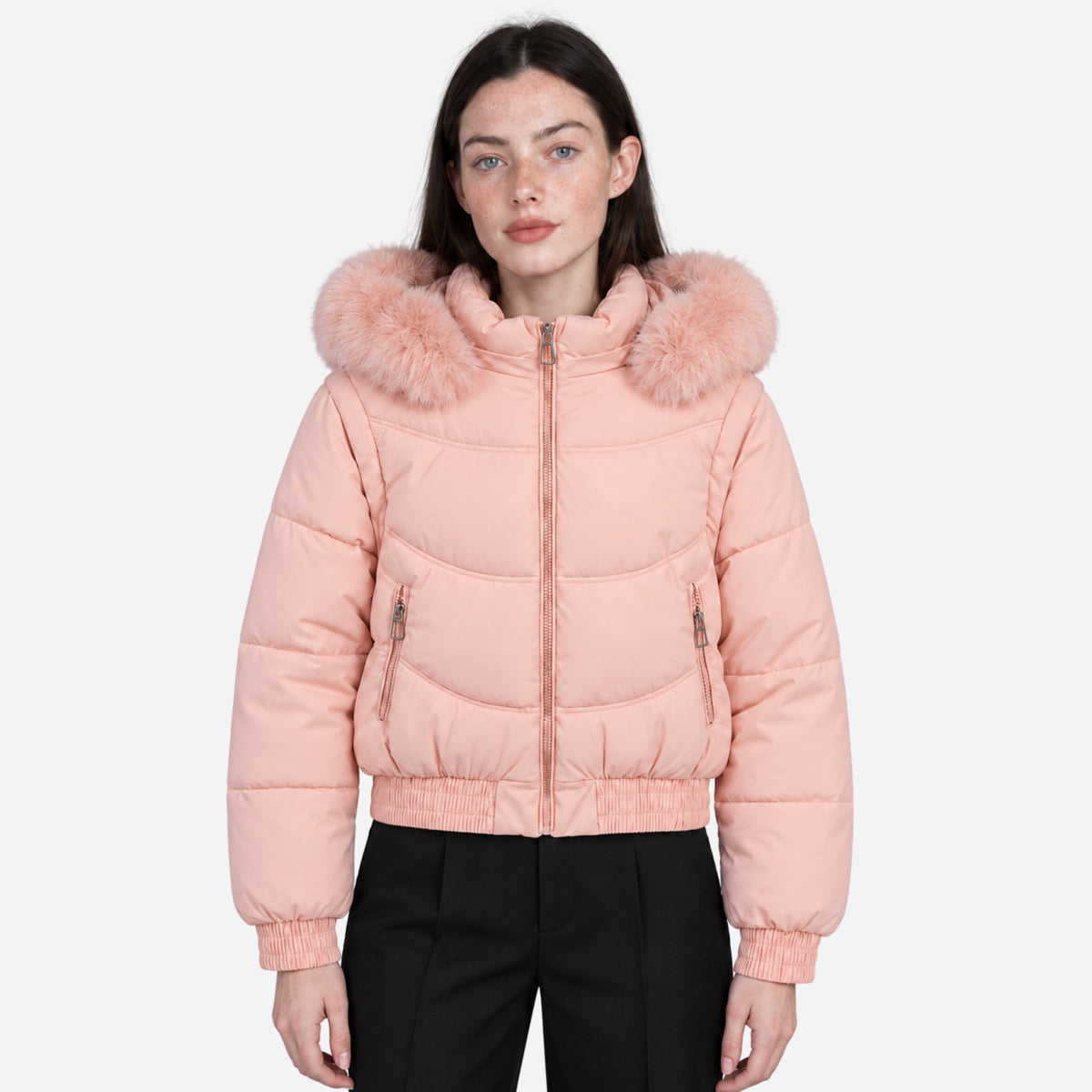Women’s Plush-Trim Hooded Panelled Puffer Jacket-Fowsa