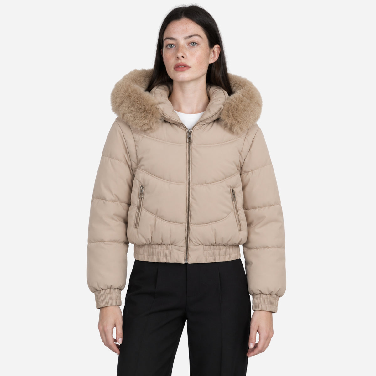 Women’s Plush-Trim Hooded Panelled Puffer Jacket-Fowsa