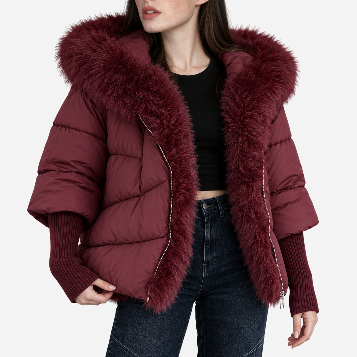 Women’s Plush-Trim Hooded Puffer Jacket-Fowsa