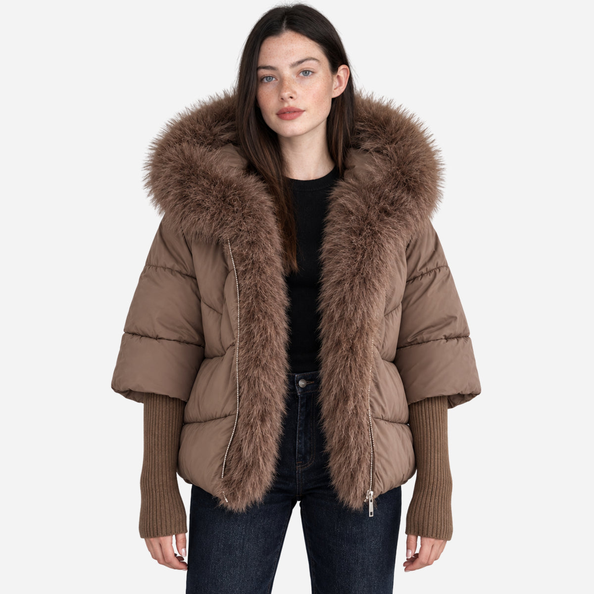 Women’s Plush-Trim Hooded Puffer Jacket-Fowsa