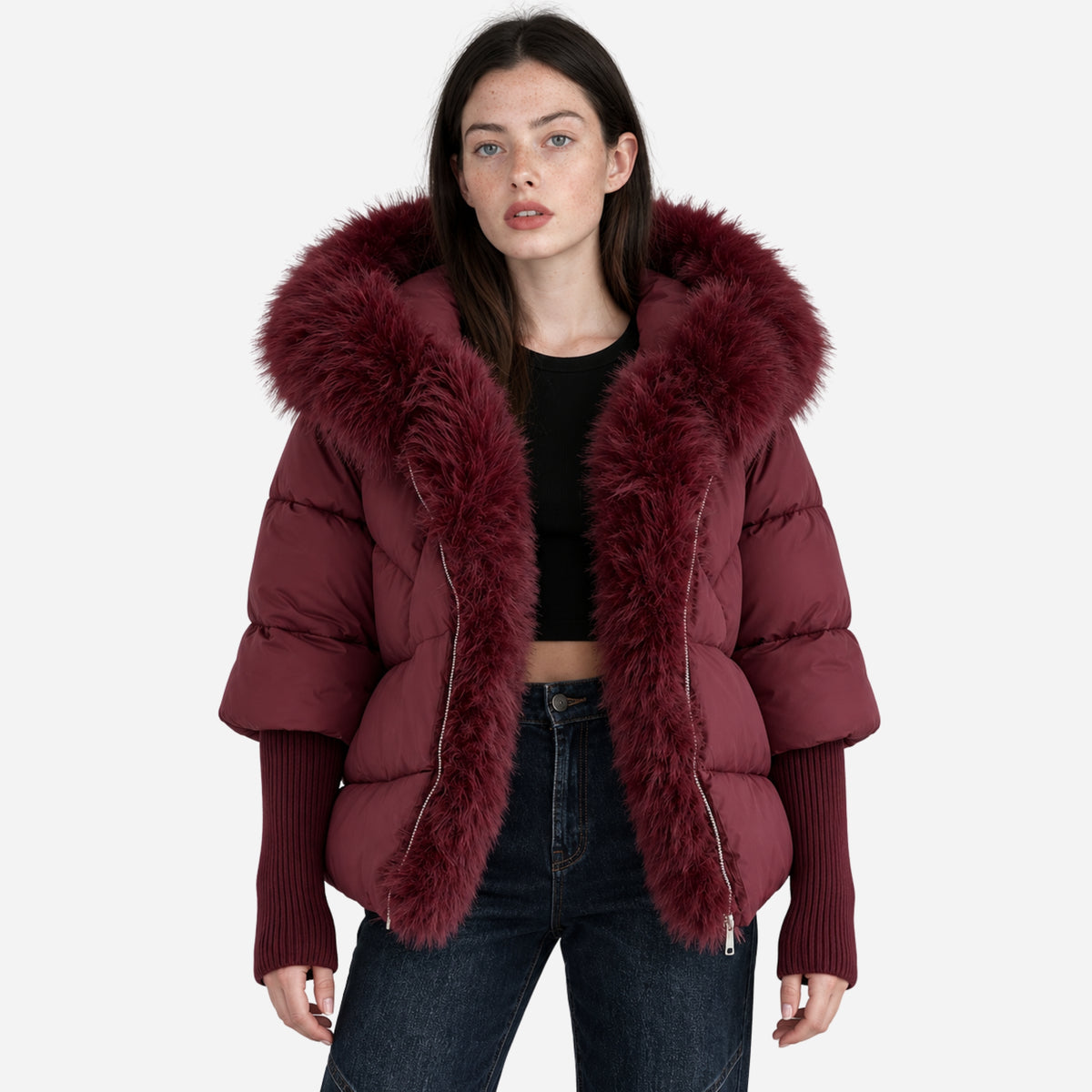 Women’s Plush-Trim Hooded Puffer Jacket-Fowsa