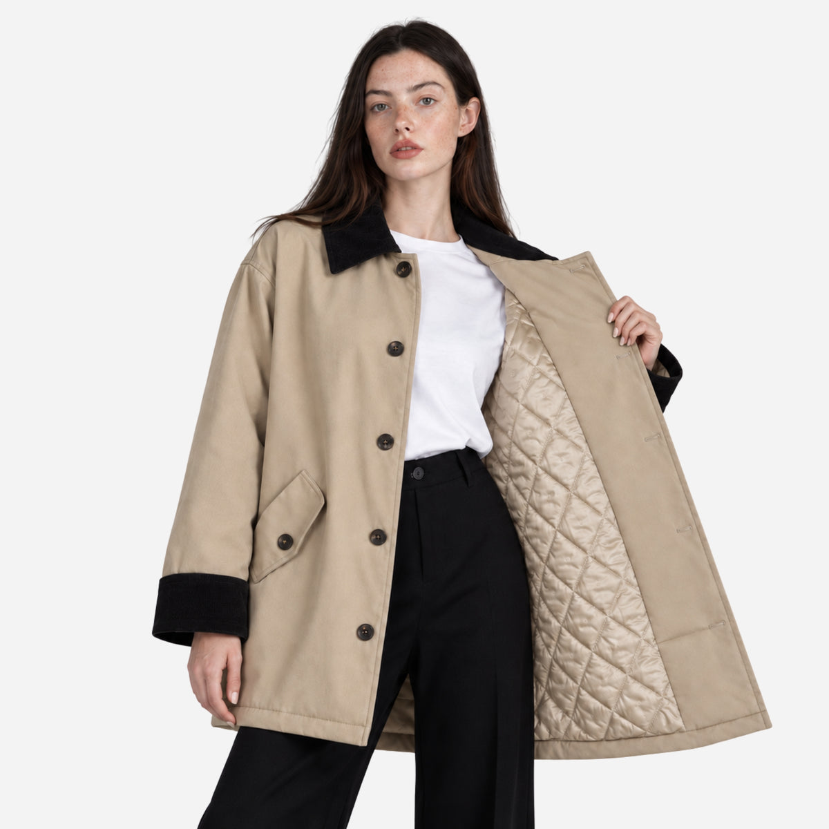 Women's Quilted Lined Button Jacket-Fowsa