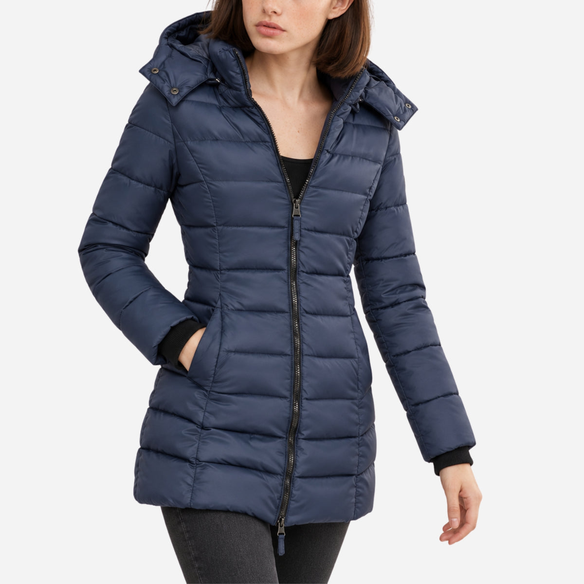 Women’s Quilted Mid-Length Hooded Puffer Coat-Fowsa