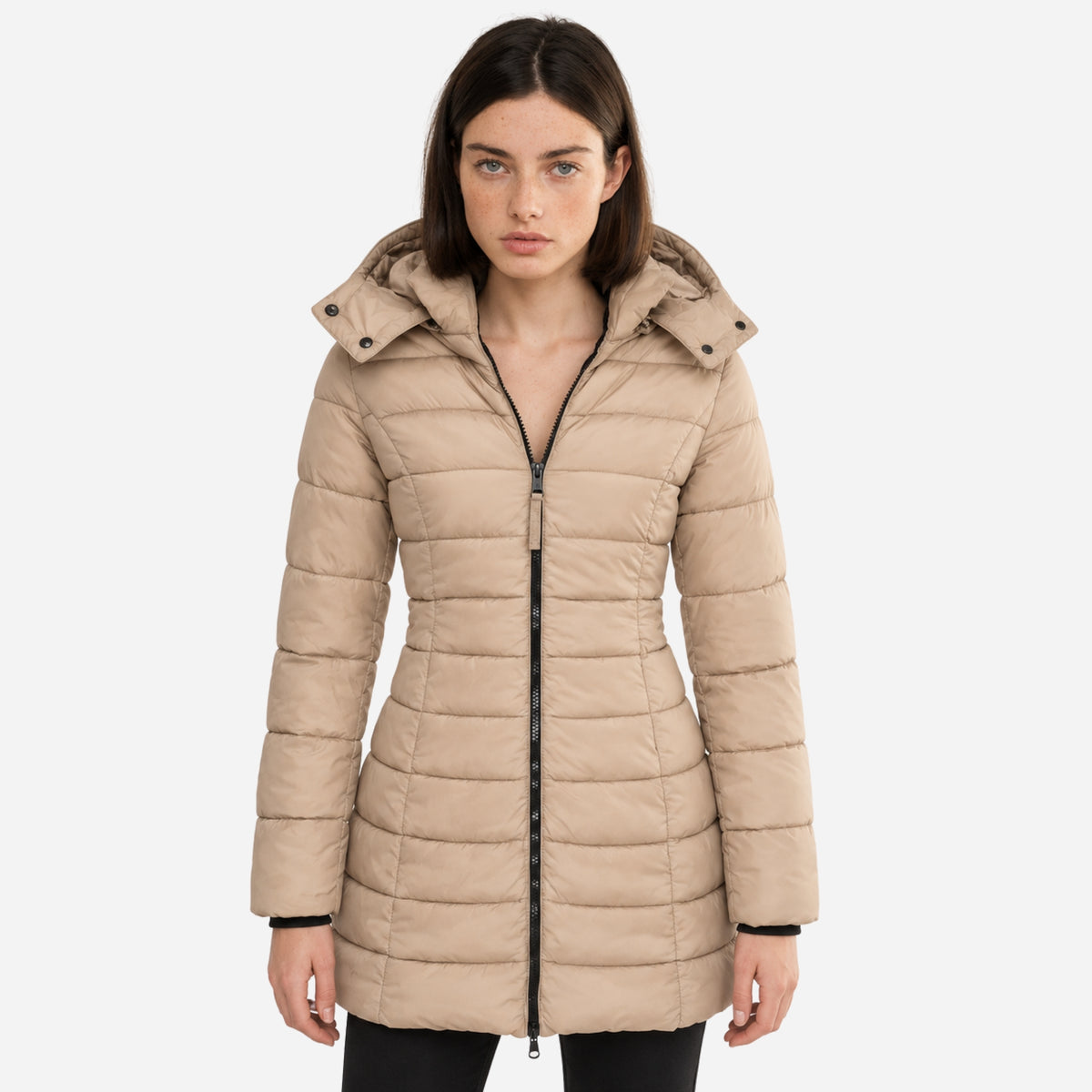 Women’s Quilted Mid-Length Hooded Puffer Coat-Fowsa