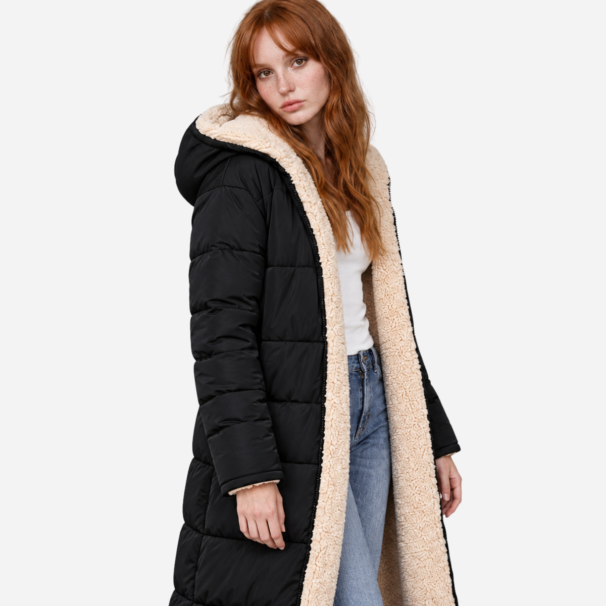 Women's Reversible Sherpa-Lined Long Puffer Coat-Fowsa