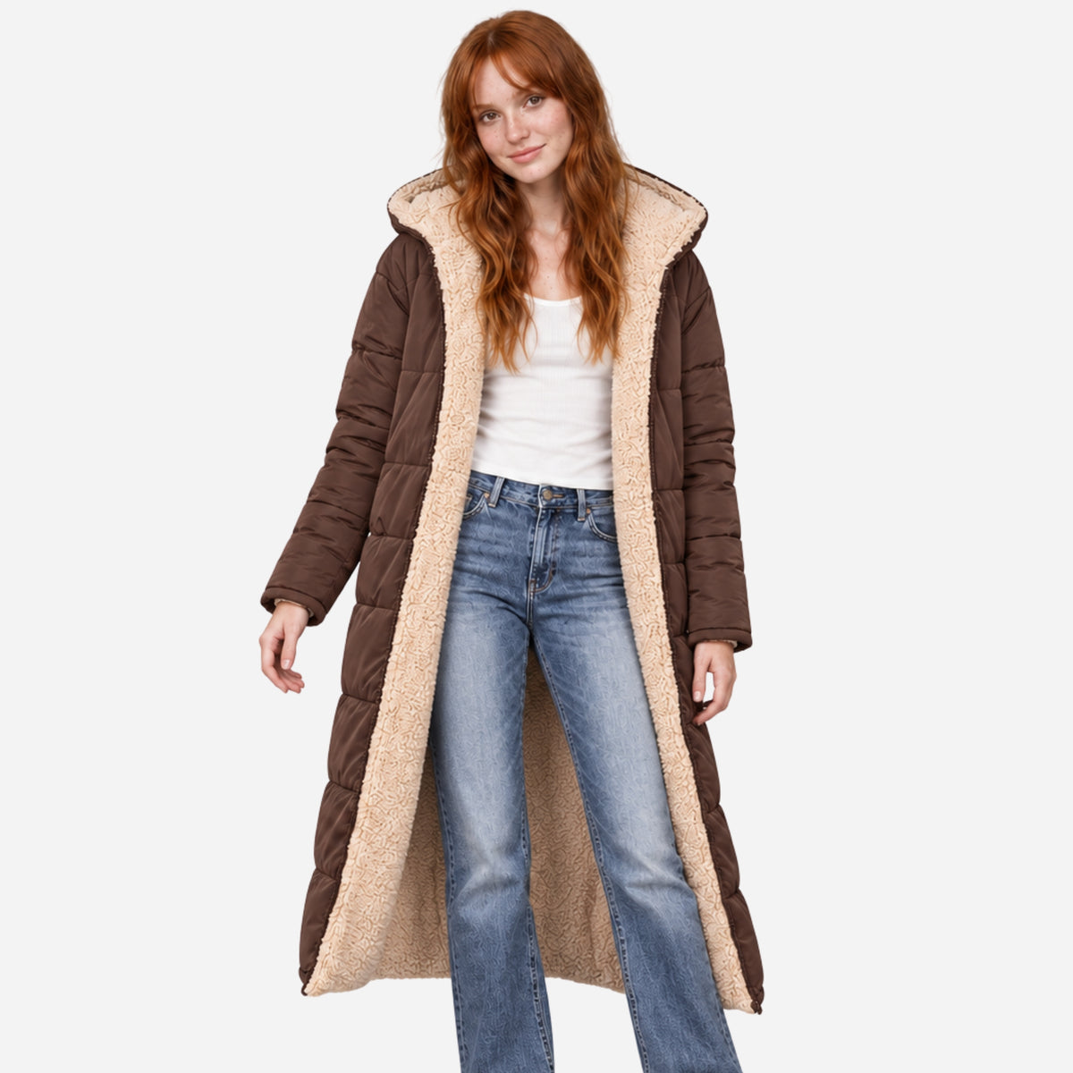 Women's Reversible Sherpa-Lined Long Puffer Coat-Fowsa