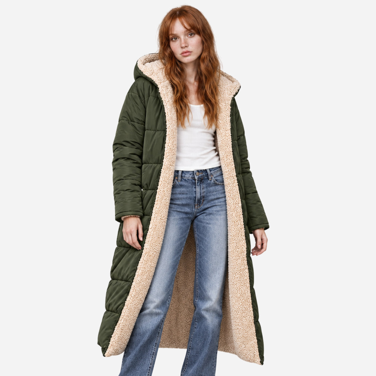 Women's Reversible Sherpa-Lined Long Puffer Coat-Fowsa