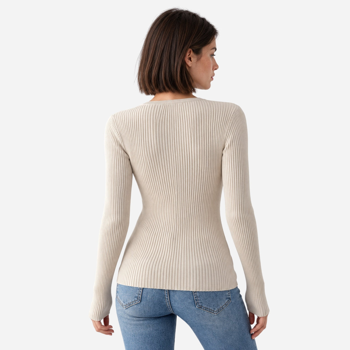 Women's Ribbed Henley-Neck Knitted Jumper-Fowsa