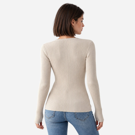 Women's Ribbed Henley-Neck Knitted Jumper-Fowsa