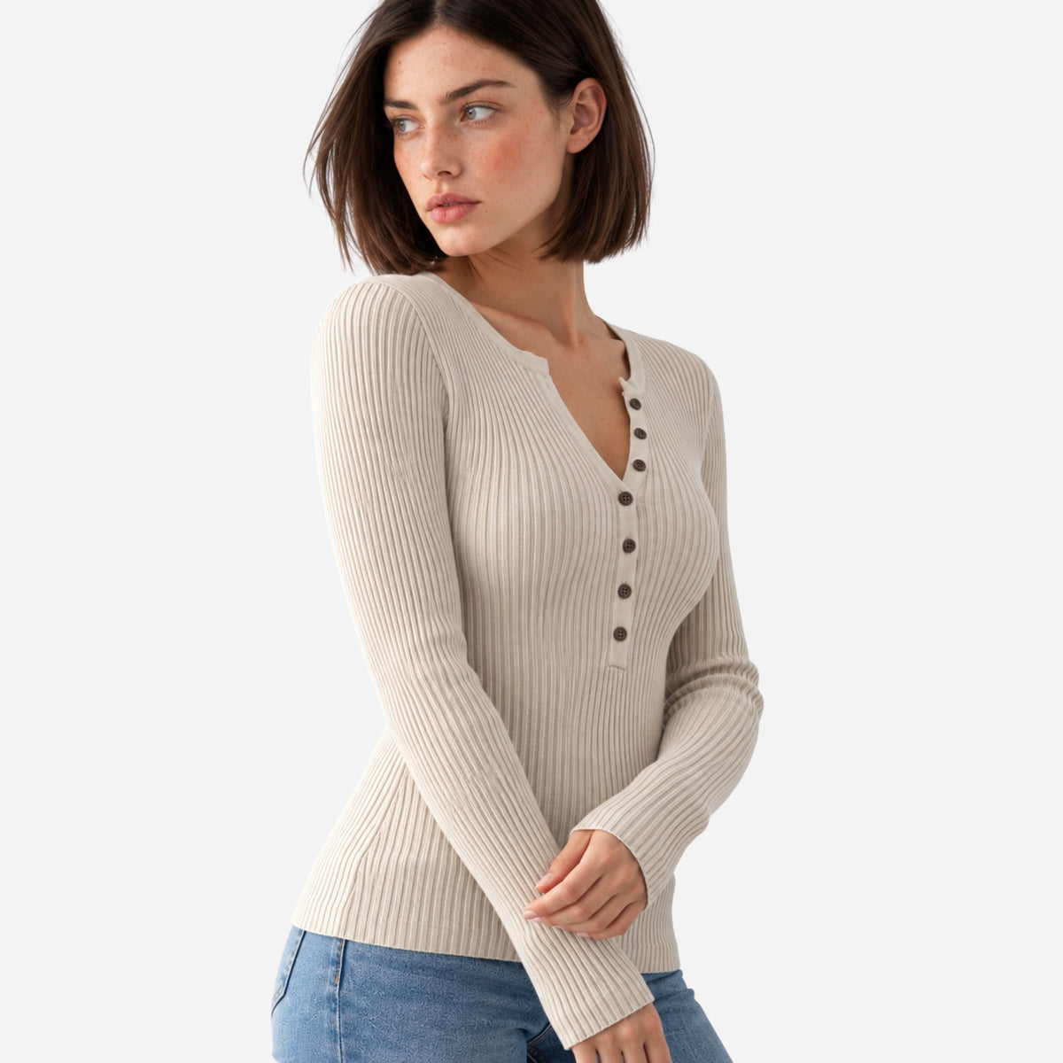 Women's Ribbed Henley-Neck Knitted Jumper-Fowsa