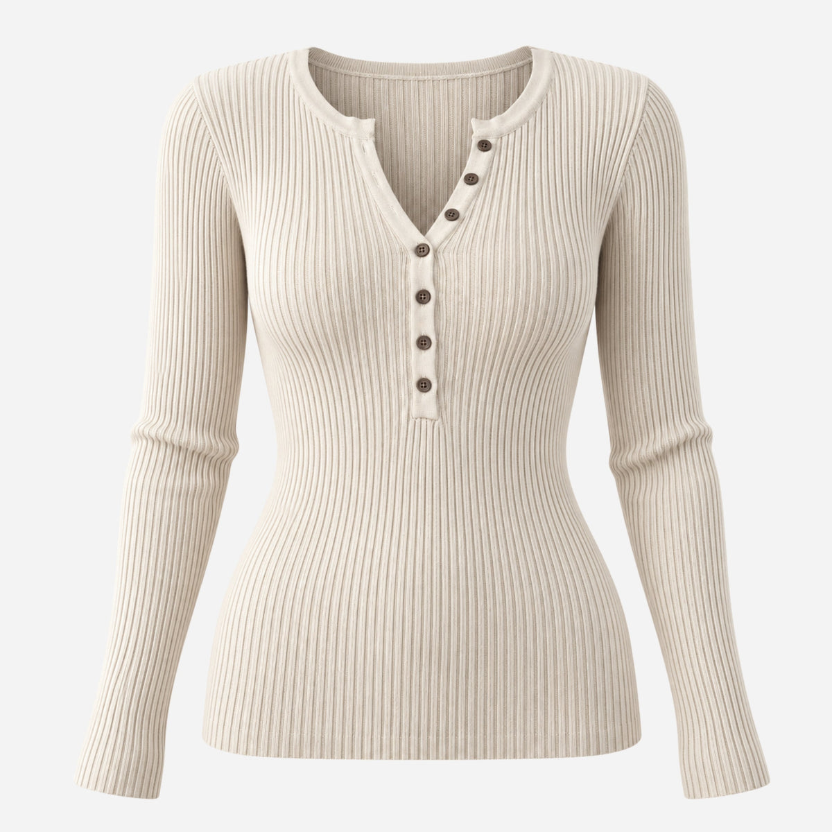 Women's Ribbed Henley-Neck Knitted Jumper-Fowsa