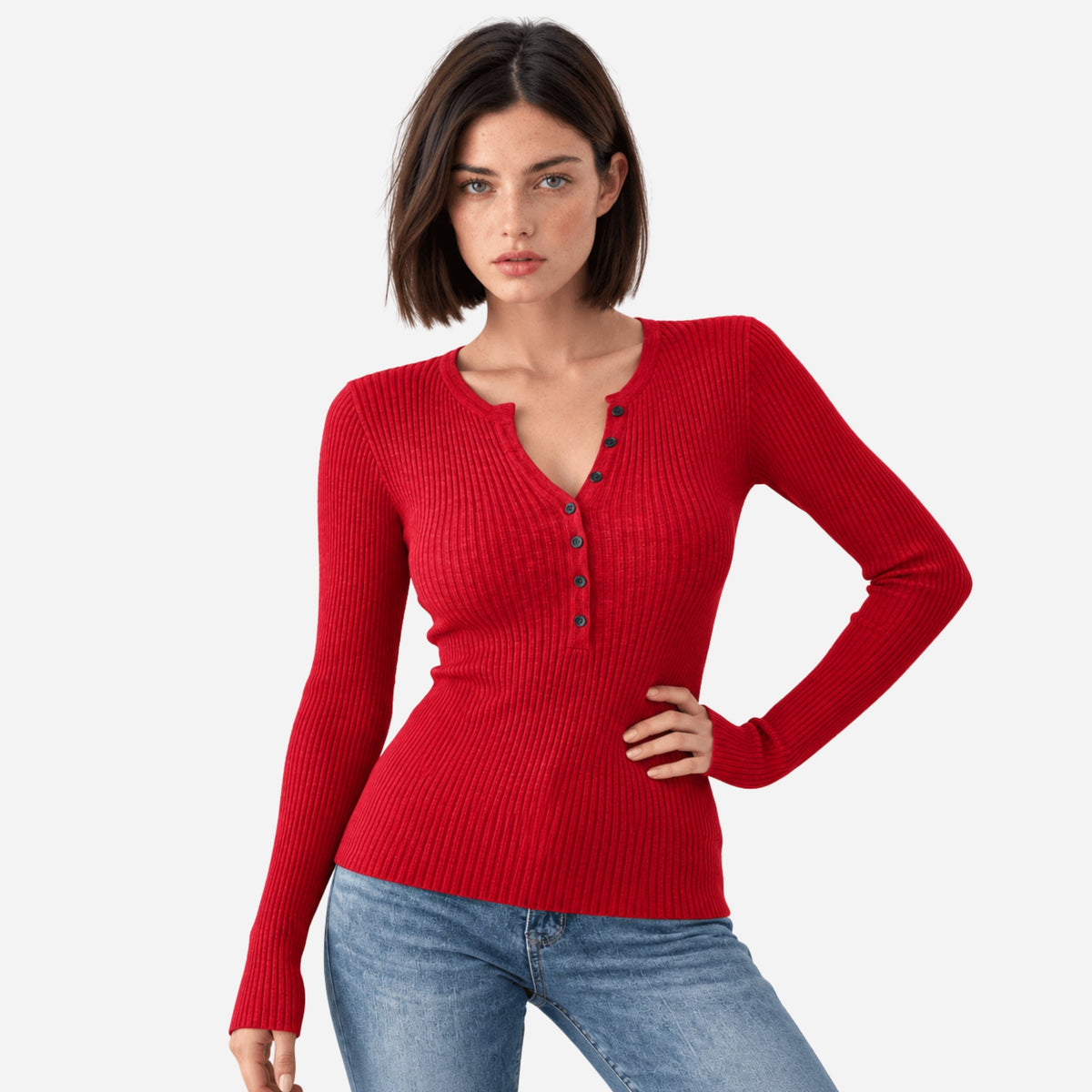 Women's Ribbed Henley-Neck Knitted Jumper-Fowsa