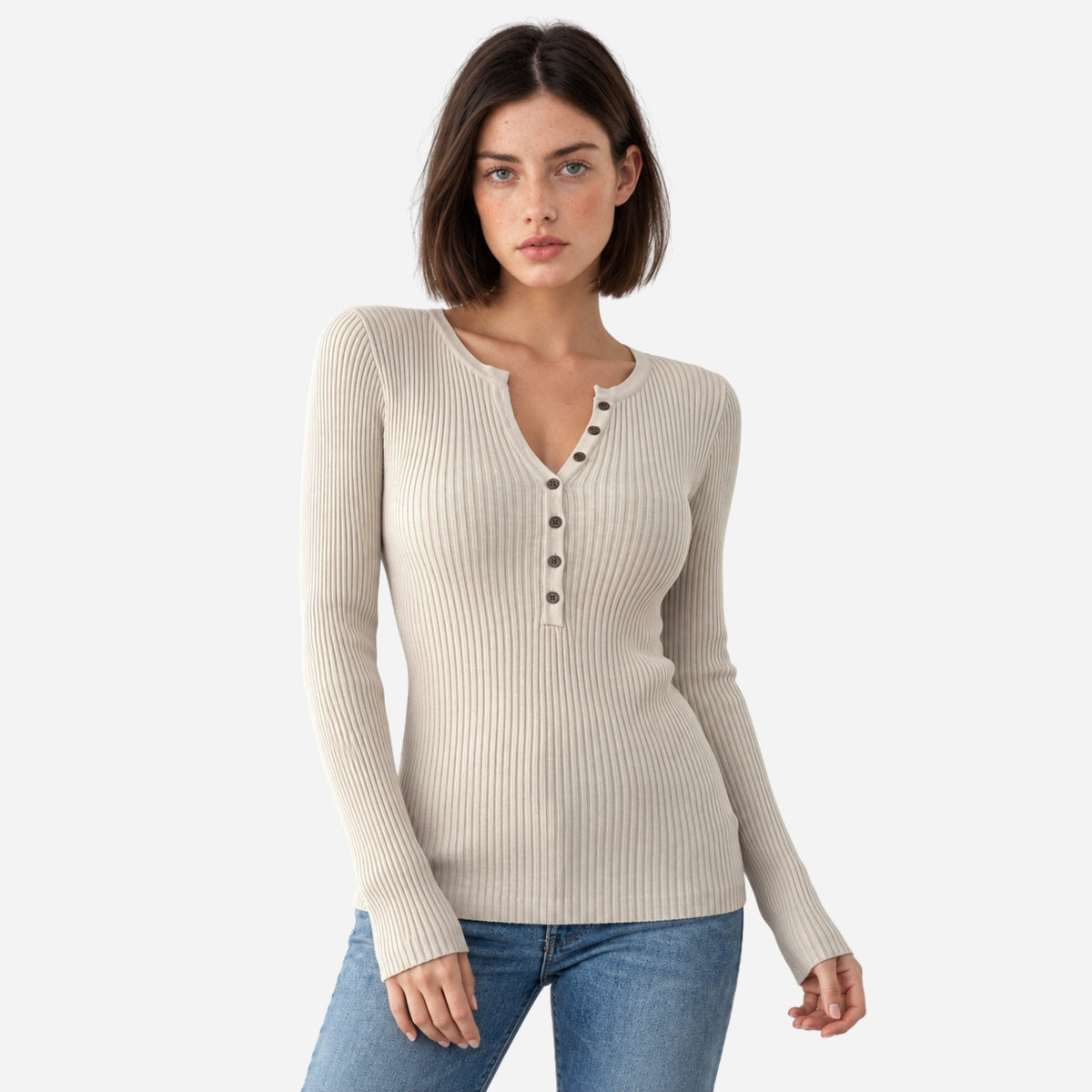 Women's Ribbed Henley-Neck Knitted Jumper-Fowsa