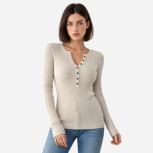 Women's Ribbed Henley-Neck Knitted Jumper-Fowsa