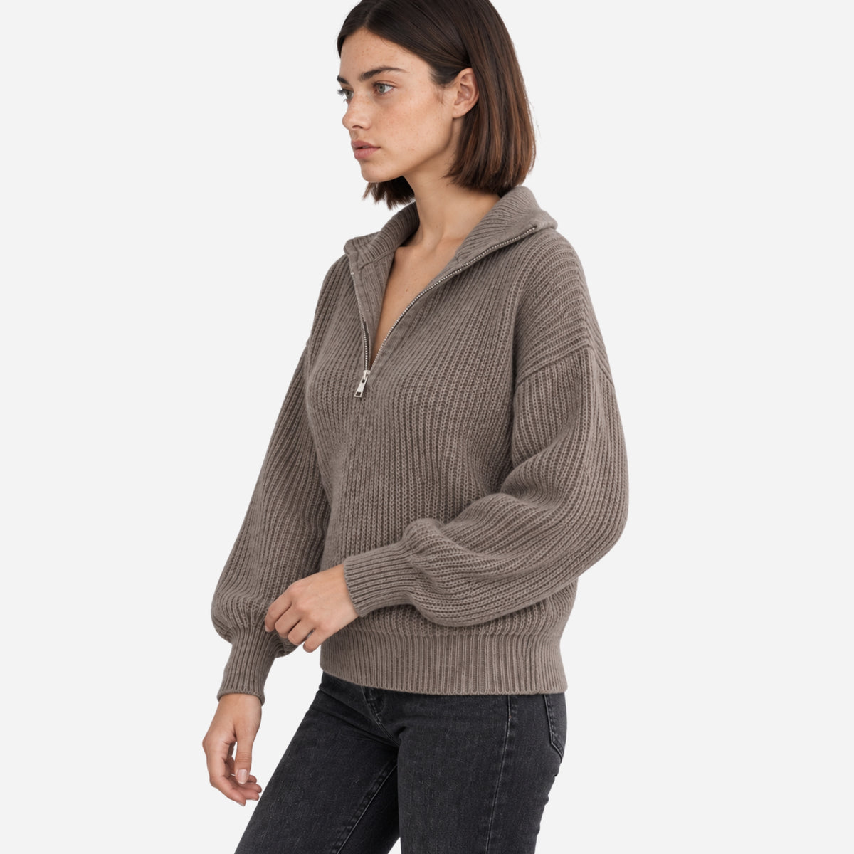 Women’s Ribbed Quarter-Zip Collared Jumper-Fowsa