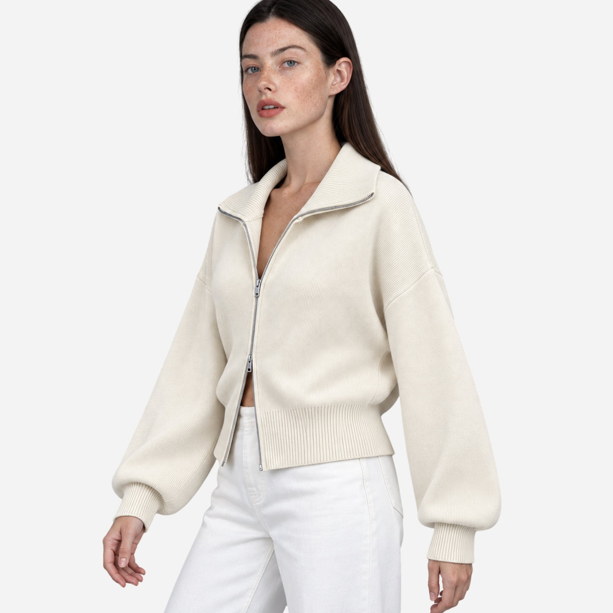 Women’s Ribbed Two-Way Zip Knit Jumper-Fowsa