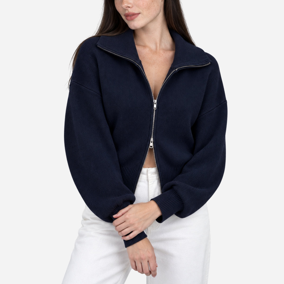 Women’s Ribbed Two-Way Zip Knit Jumper-Fowsa