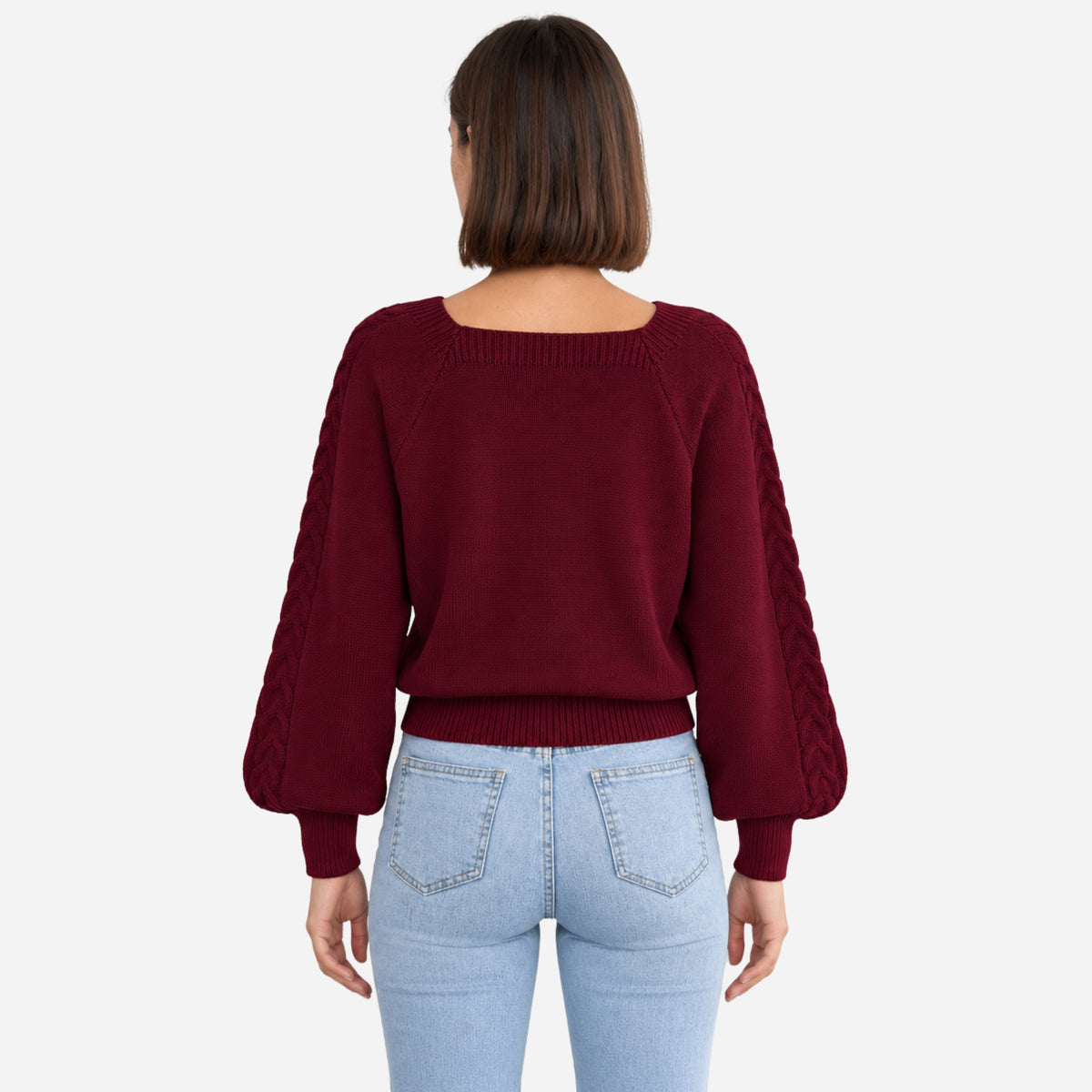 Women’s Square-Neck Waist-Cinching Cable Knit Jumper-Fowsa