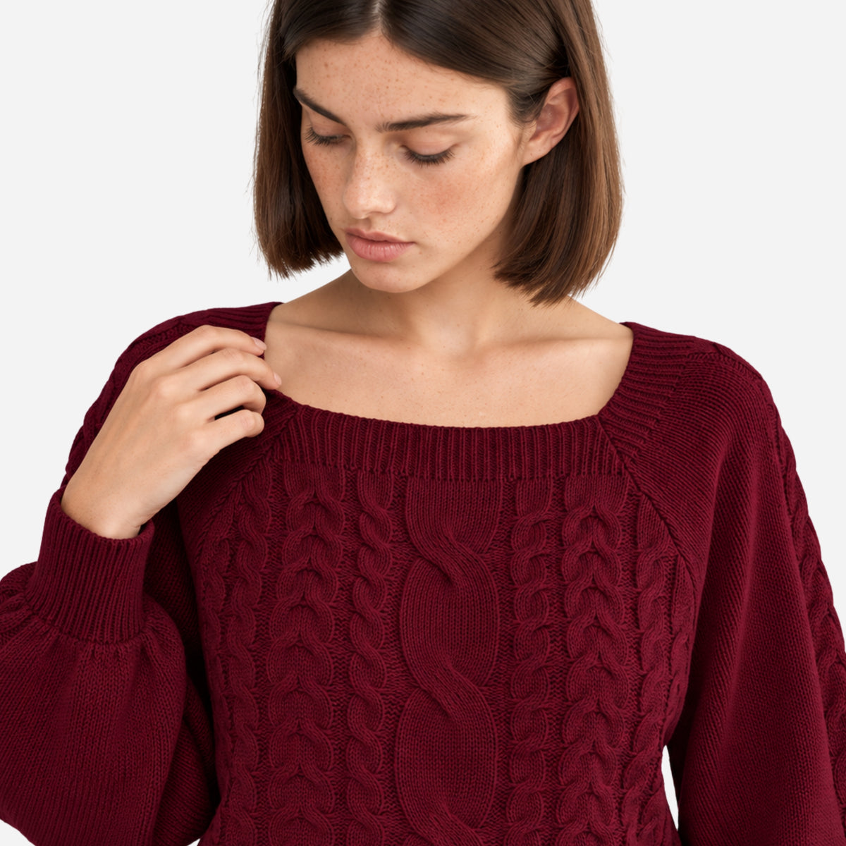 Women’s Square-Neck Waist-Cinching Cable Knit Jumper-Fowsa