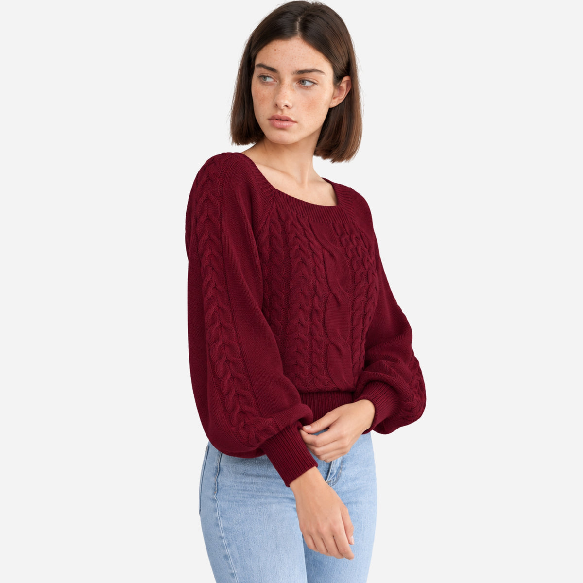Women’s Square-Neck Waist-Cinching Cable Knit Jumper-Fowsa