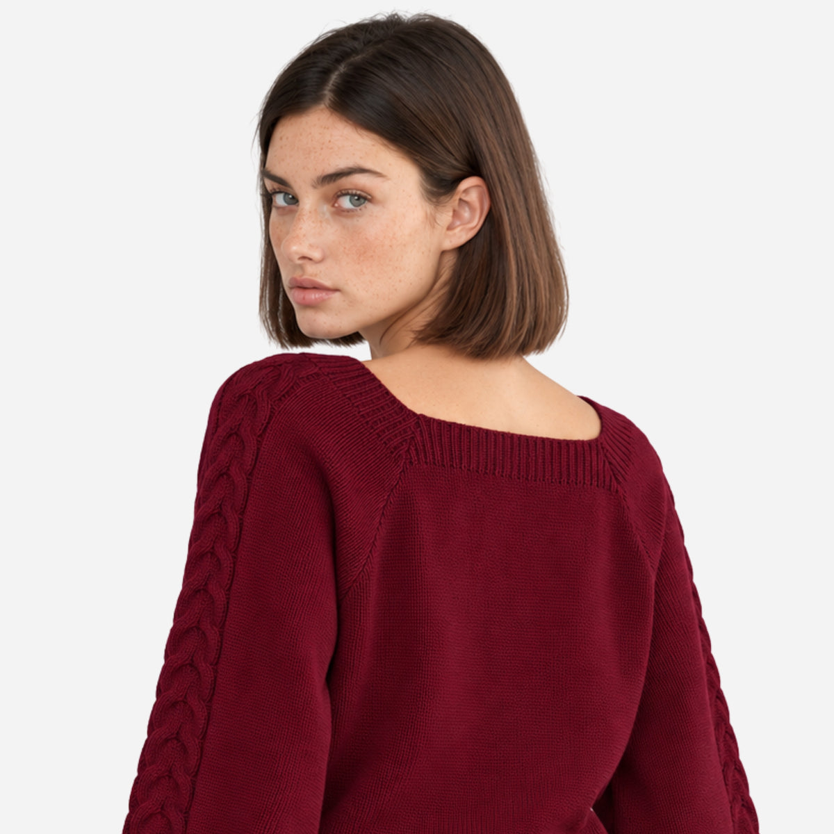 Women’s Square-Neck Waist-Cinching Cable Knit Jumper-Fowsa