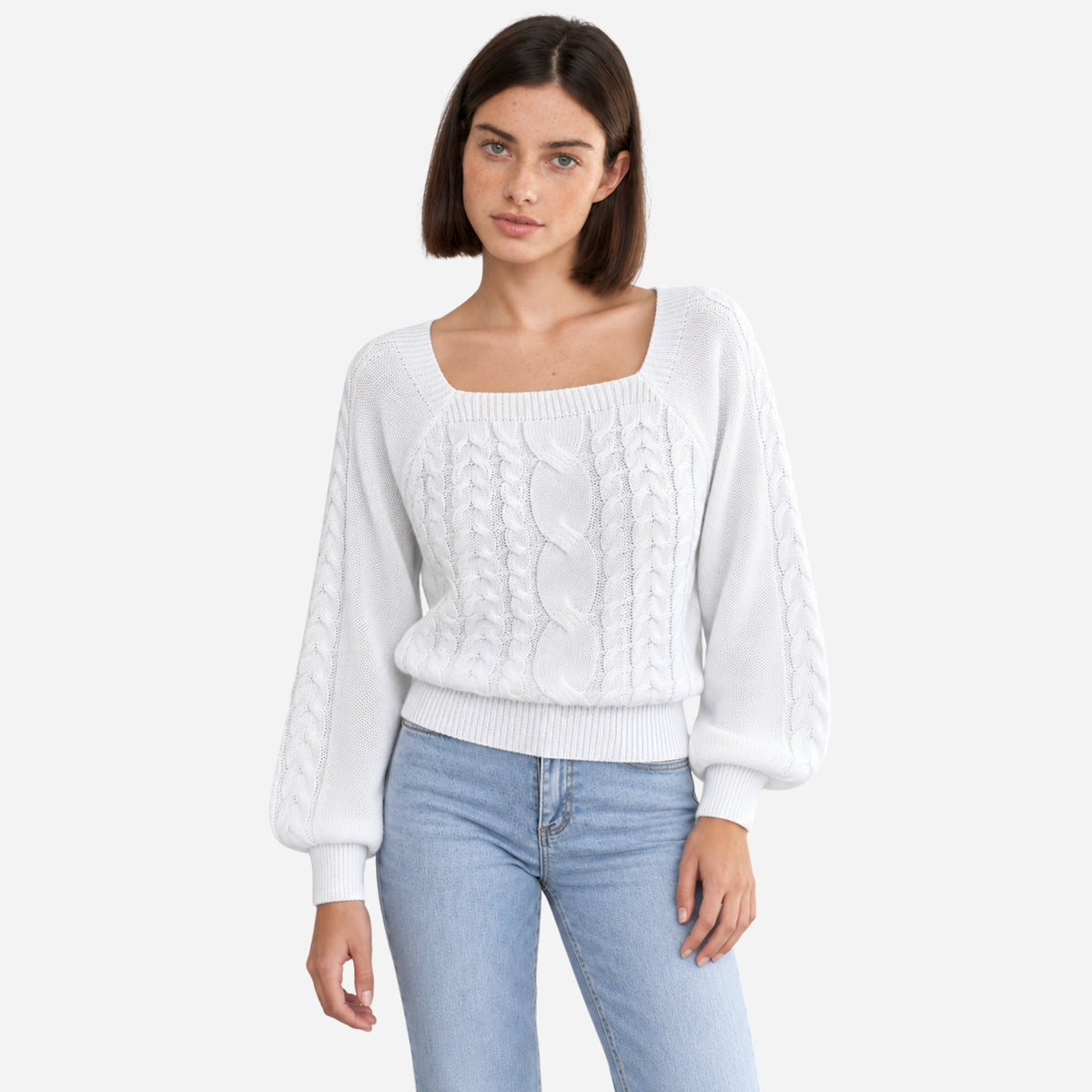 Women’s Square-Neck Waist-Cinching Cable Knit Jumper-Fowsa