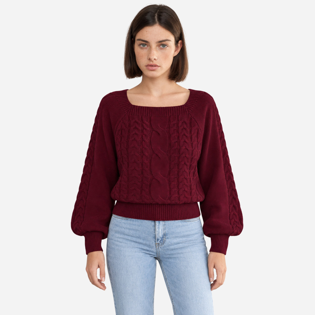 Women’s Square-Neck Waist-Cinching Cable Knit Jumper-Fowsa