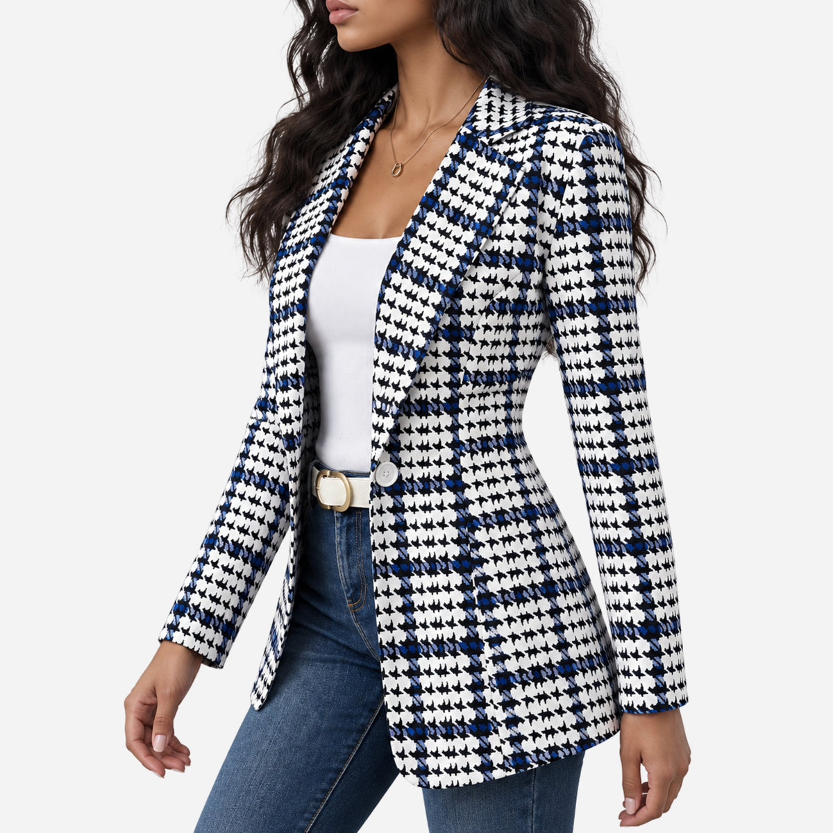 Women’s Striped Houndstooth Tailored Blazer Jacket-Fowsa