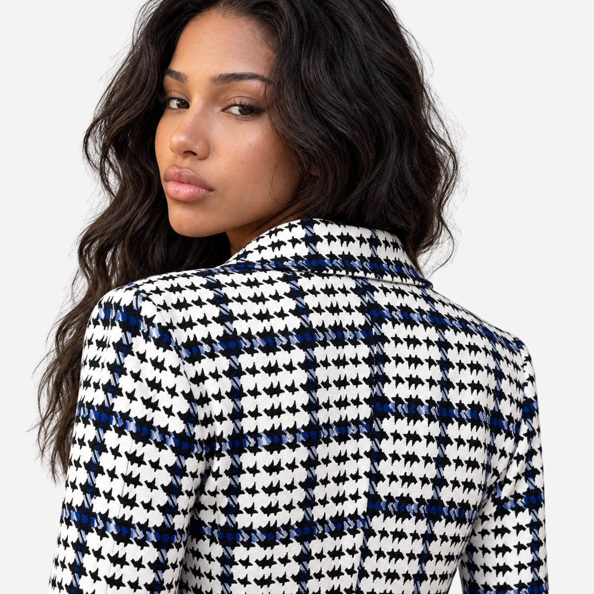 Women’s Striped Houndstooth Tailored Blazer Jacket-Fowsa