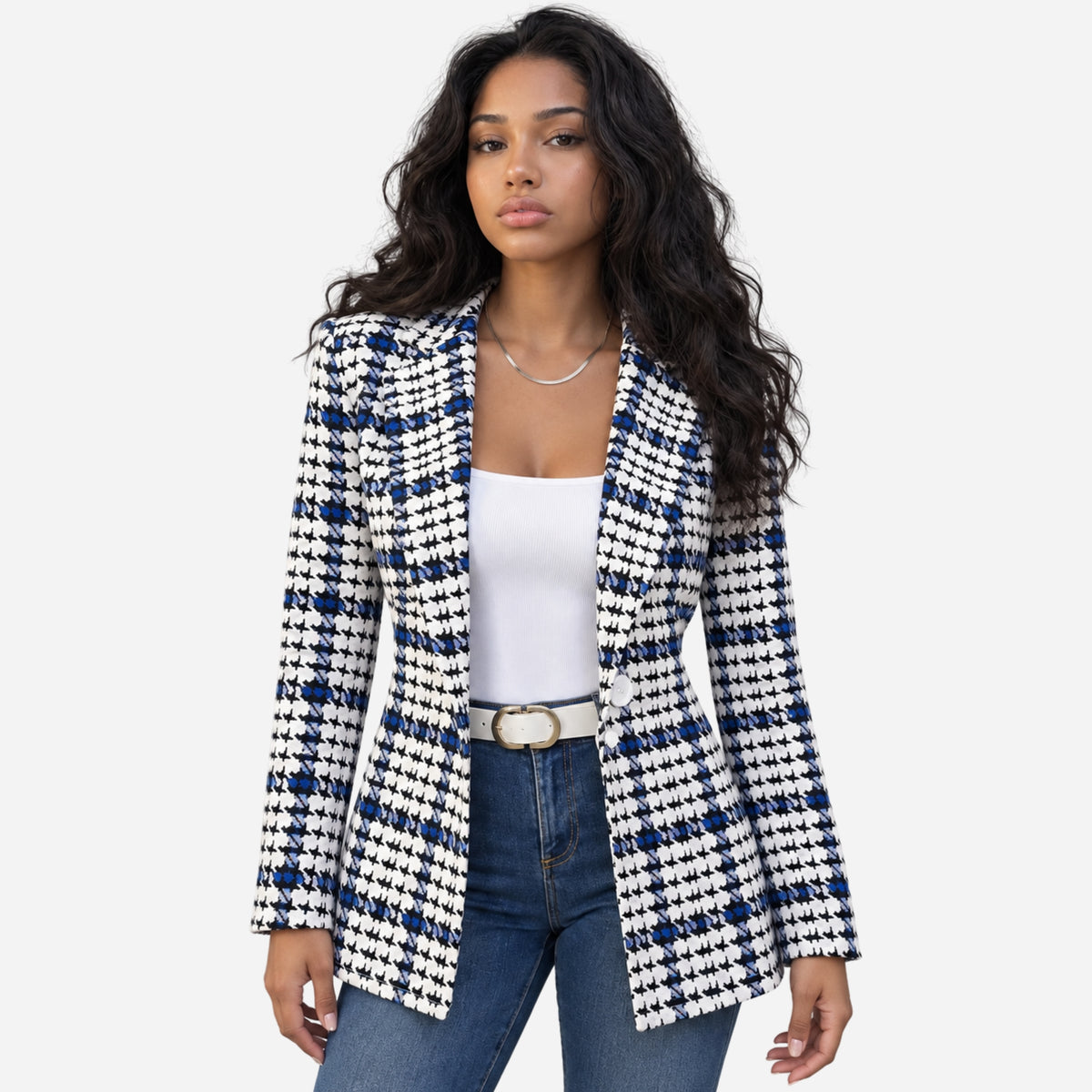 Women’s Striped Houndstooth Tailored Blazer Jacket-Fowsa