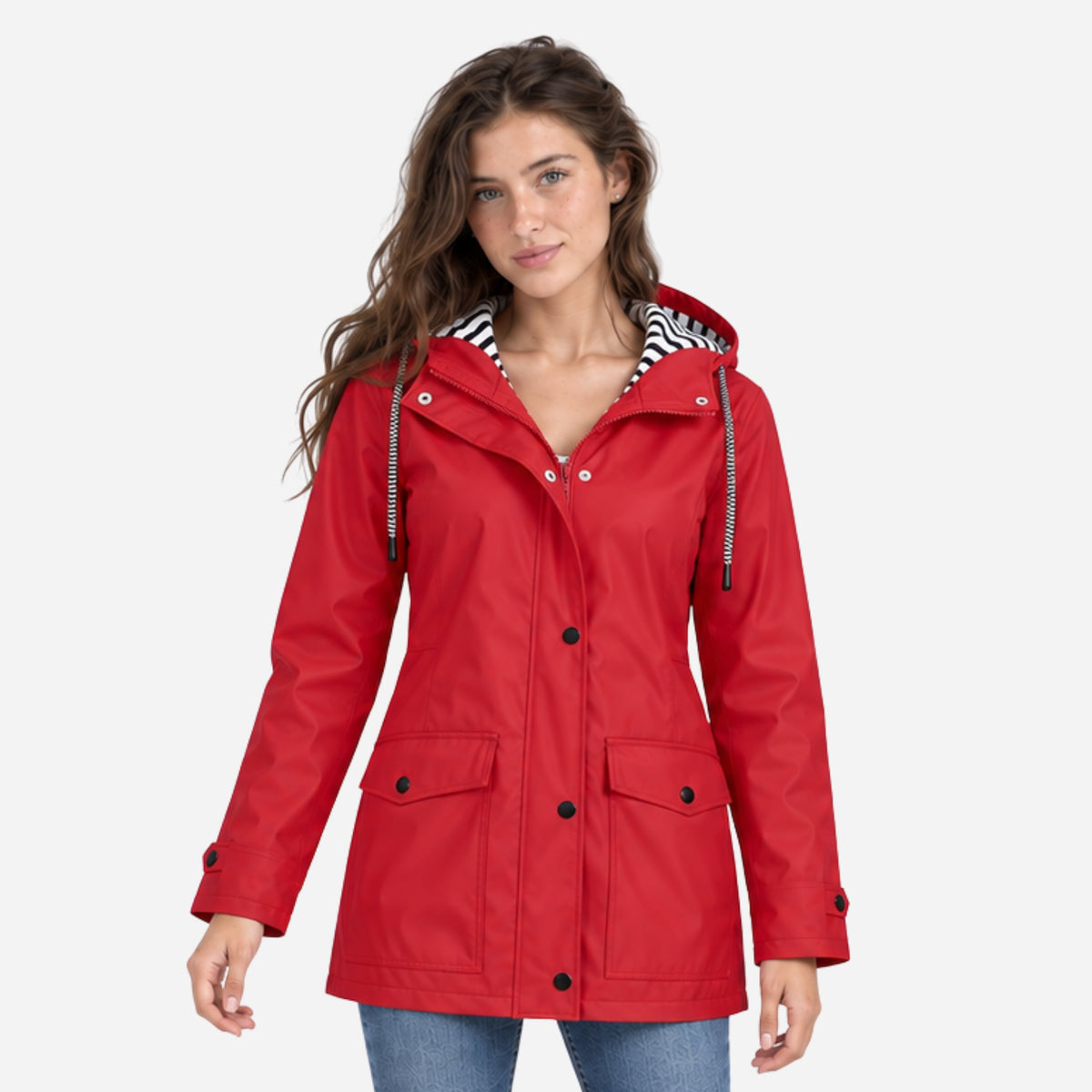Women's Striped-Lined Hooded Waterproof Rain Jacket-Fowsa