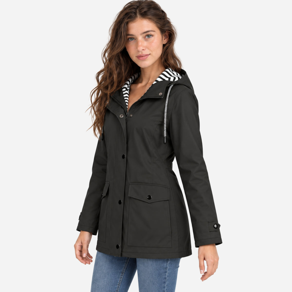 Women's Striped-Lined Hooded Waterproof Rain Jacket-Fowsa