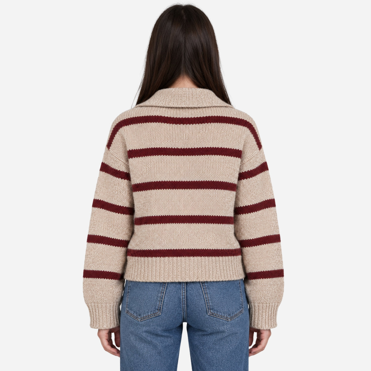 Women’s Striped Open-Collar Knit Polo Jumper-Fowsa
